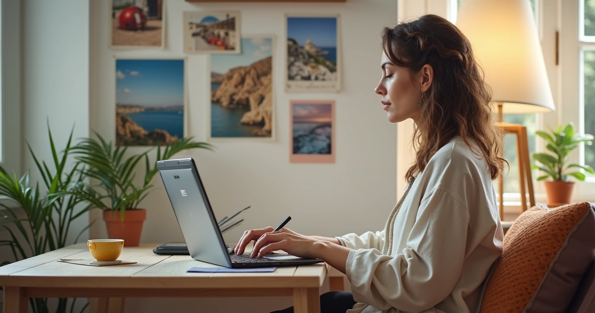 Mulher escrevendo blog com imagens de viagens ao fundo