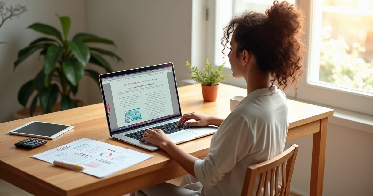 Criadora de conteúdo trabalha em notebook com painel de blog e ícones de renda digital 
