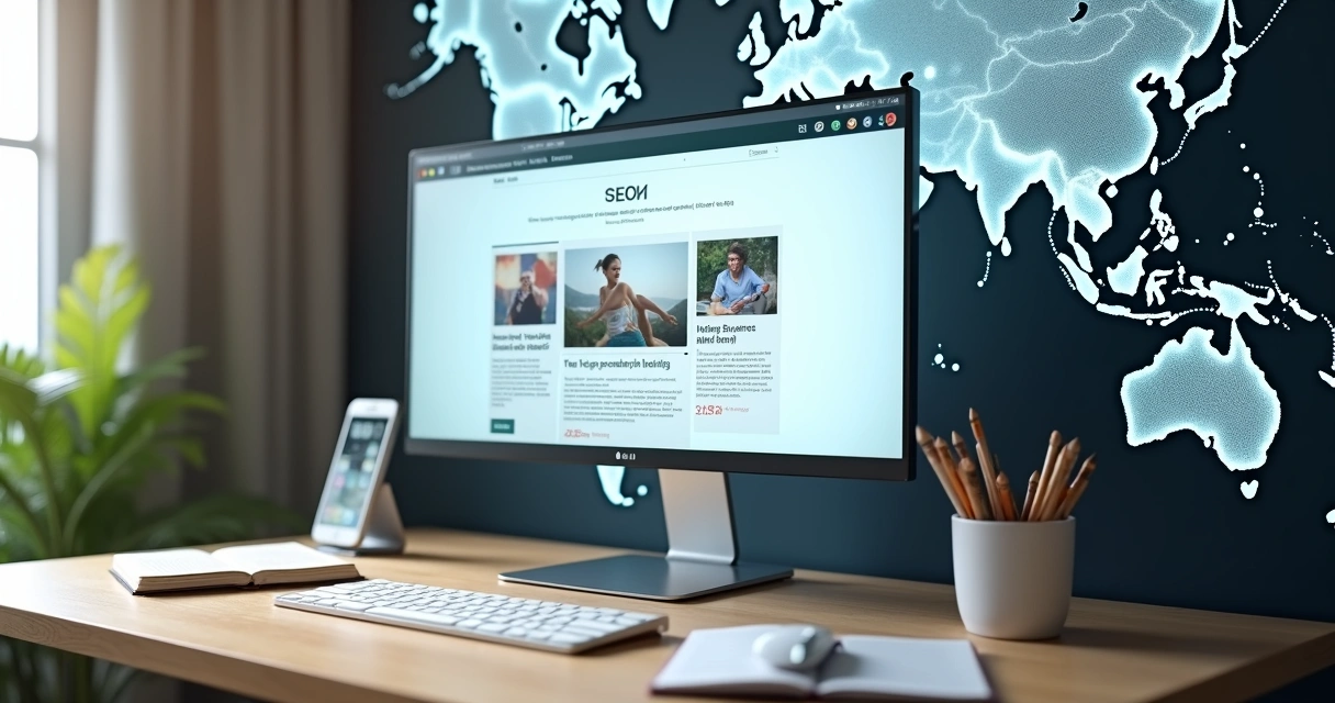 Tela de computador com blog multilíngue e mapa-múndi ao fundo 