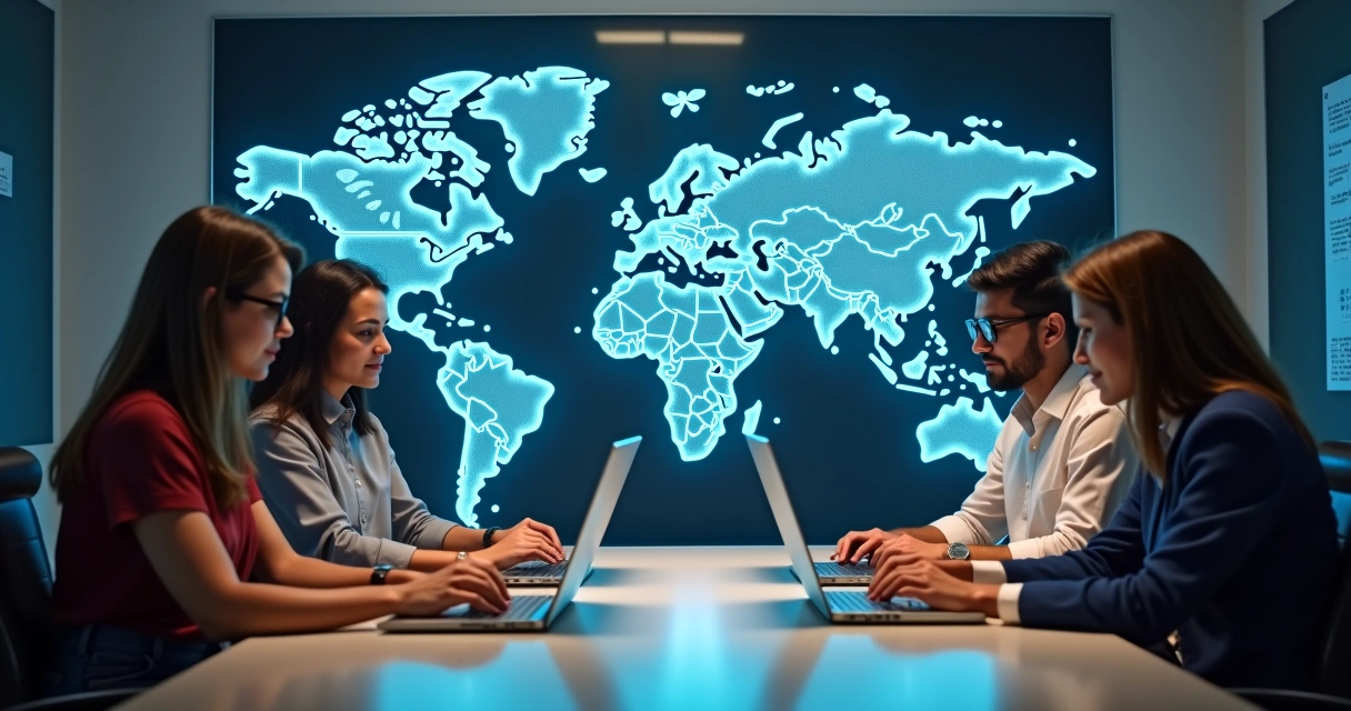 Equipe internacional trabalhando em blogs multilíngues. 