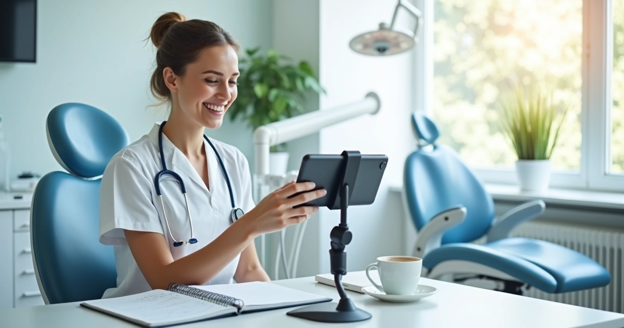 Odontologista grava vídeo para blog usando notebook em consultório moderno