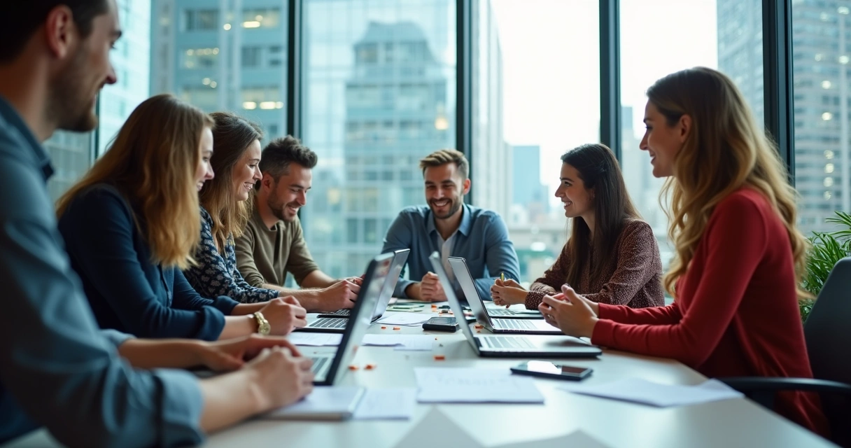 Equipe de pequena empresa criando conteúdo para blog em escritório moderno 