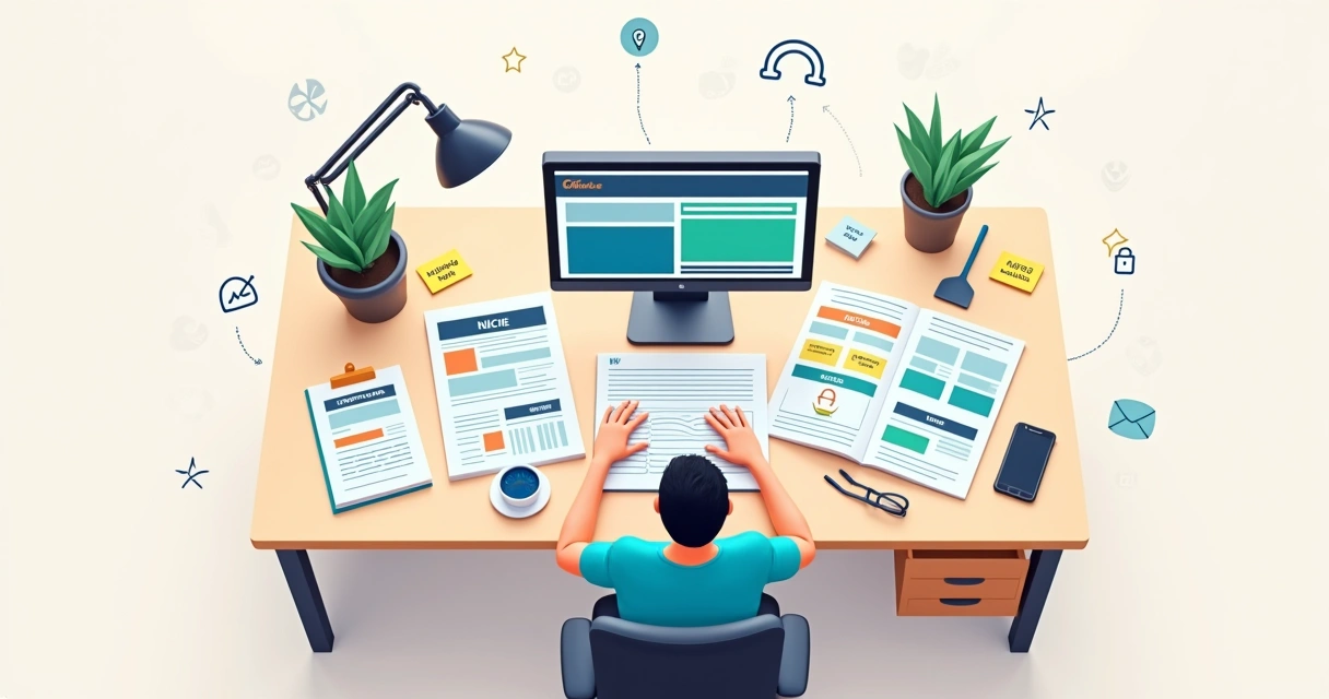 Ilustração de profissional organizando blog profissional com painel de métricas 