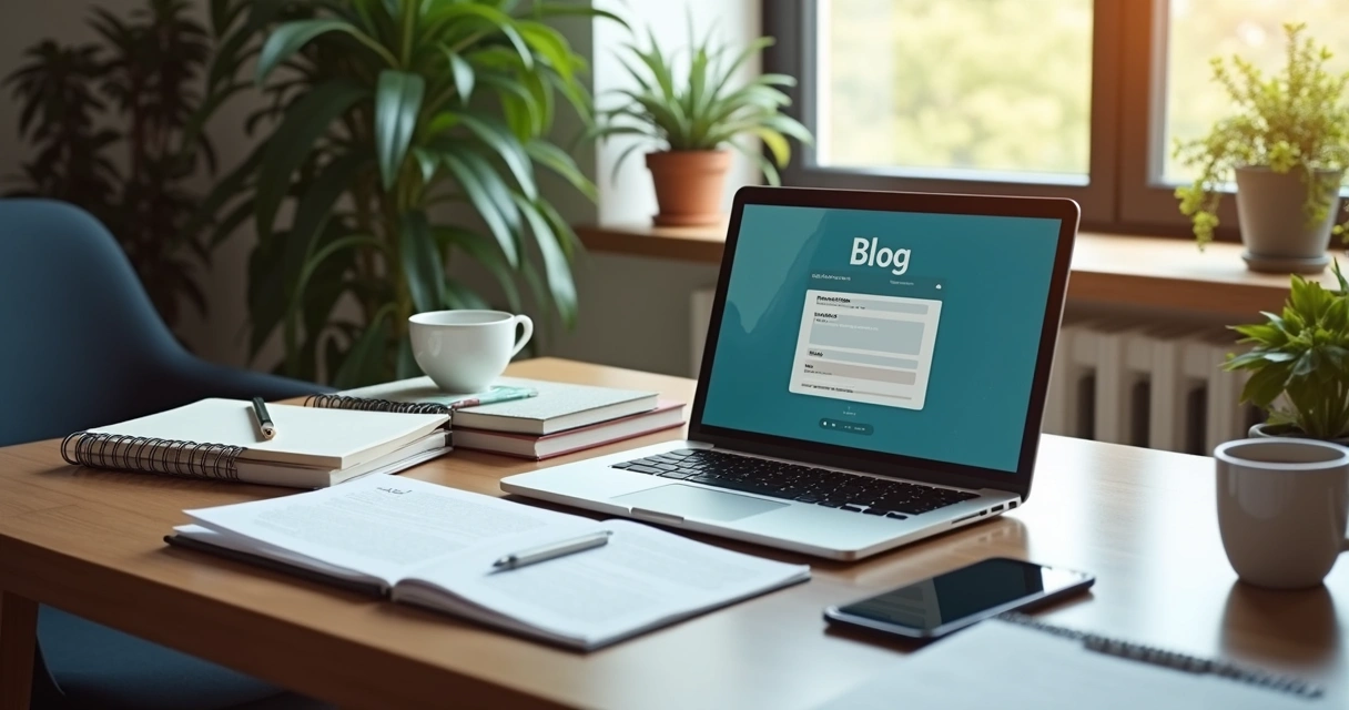 Mesa com computador, bloco de notas e livros de psicologia