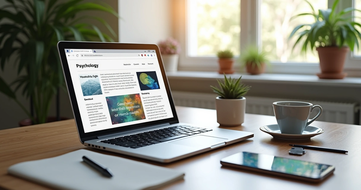 Computador em mesa com blog de psicologia aberto, anotações e café ao lado 