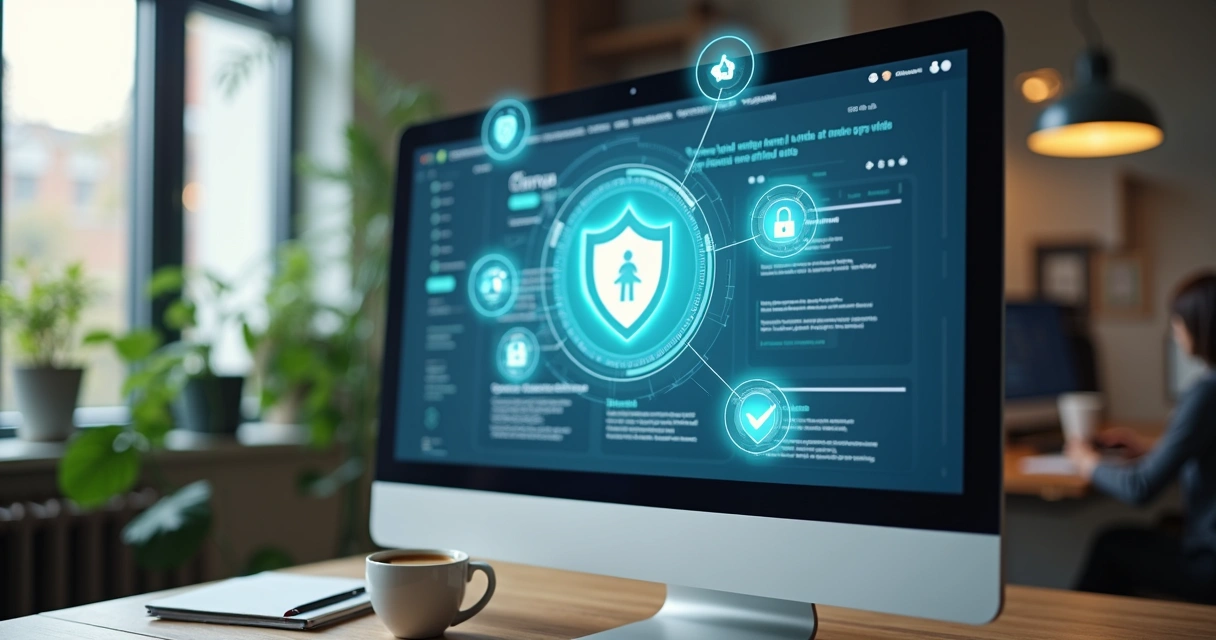 Ícones de escudo e verificação ao lado de conteúdos digitais em uma tela de computador 