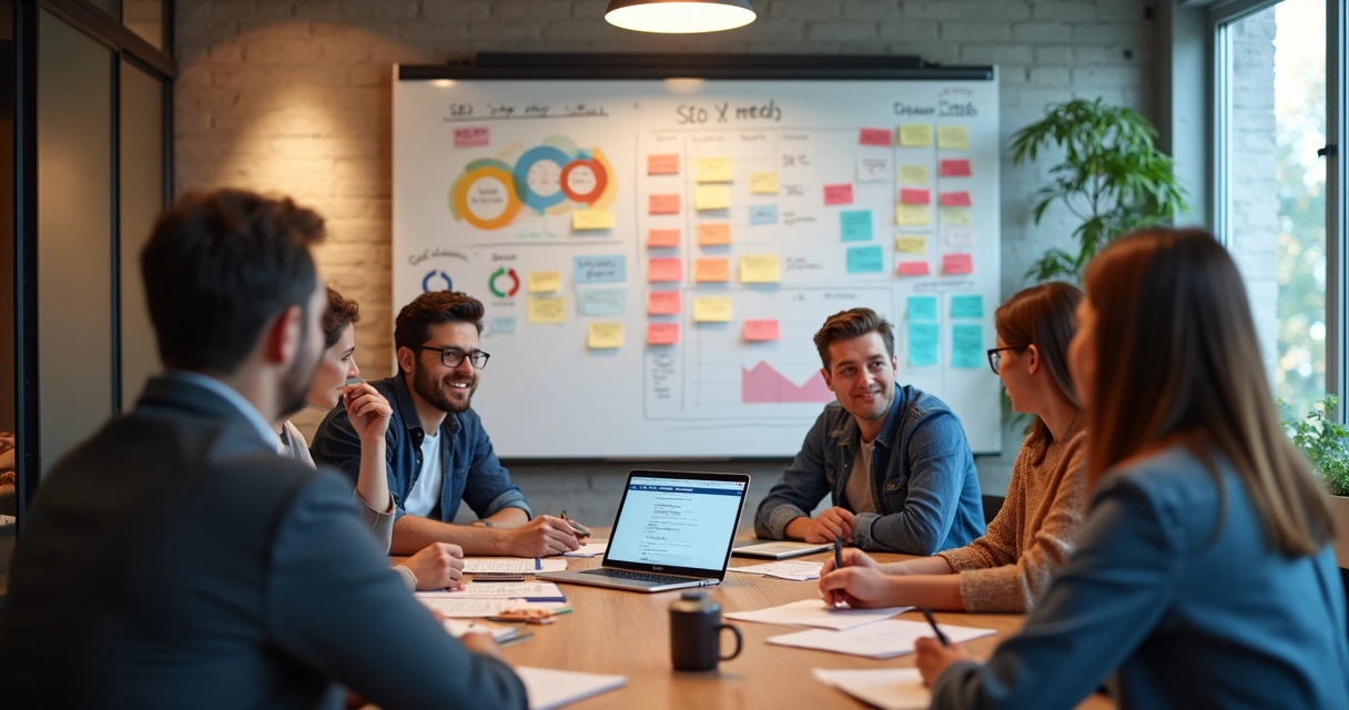 Equipe planejando conteúdo para blog com IA e SEO 