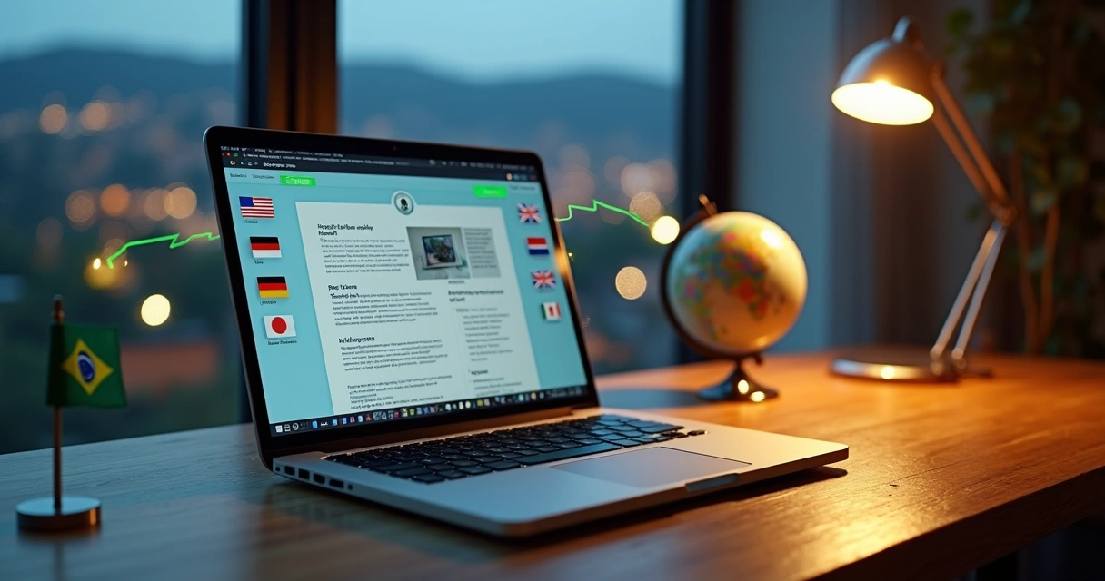 Tela de laptop com blog aberto marcado por bandeiras de vários países 