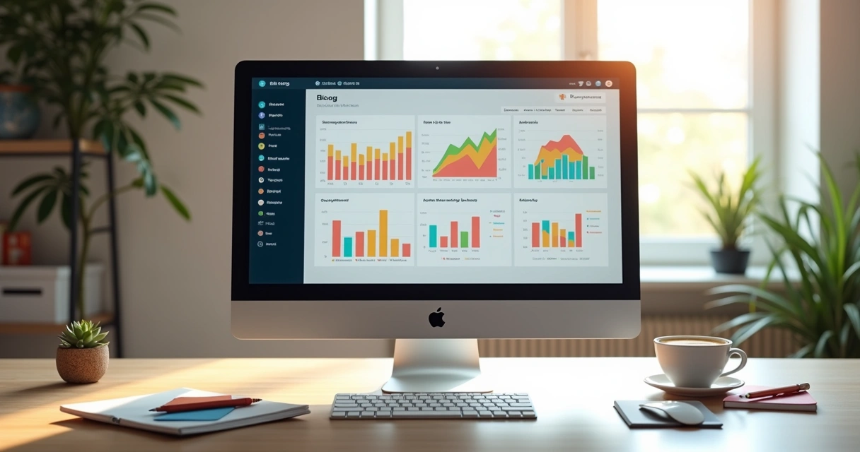 Artigos de blog analisados em uma tela de computador com gráficos ao lado 