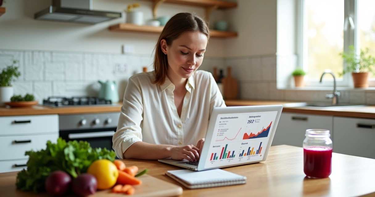 Blogueira culinária analisando gráficos de tráfego em notebook sobre bancada de cozinha saudável 