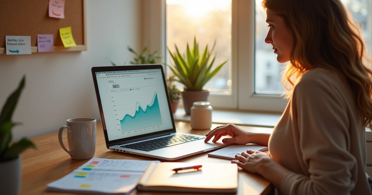 Blogueira organiza estratégias de SEO e monetização no computador e em quadro de anotações 
