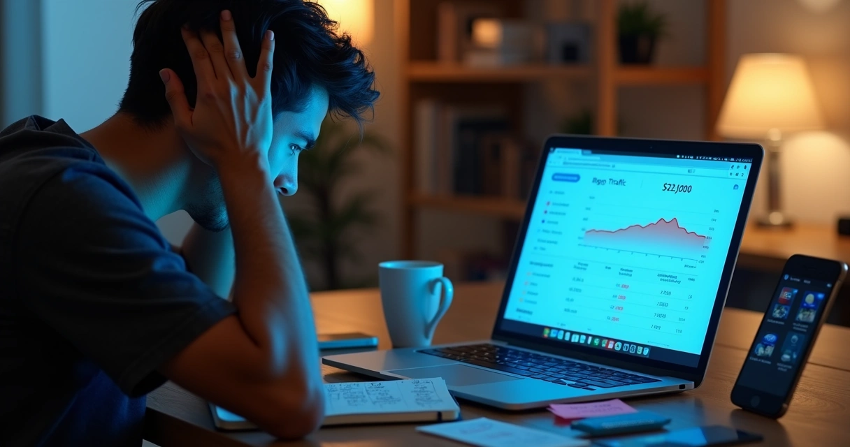 Blogueiro iniciante frustrado olhando estatísticas baixas de tráfego no notebook 