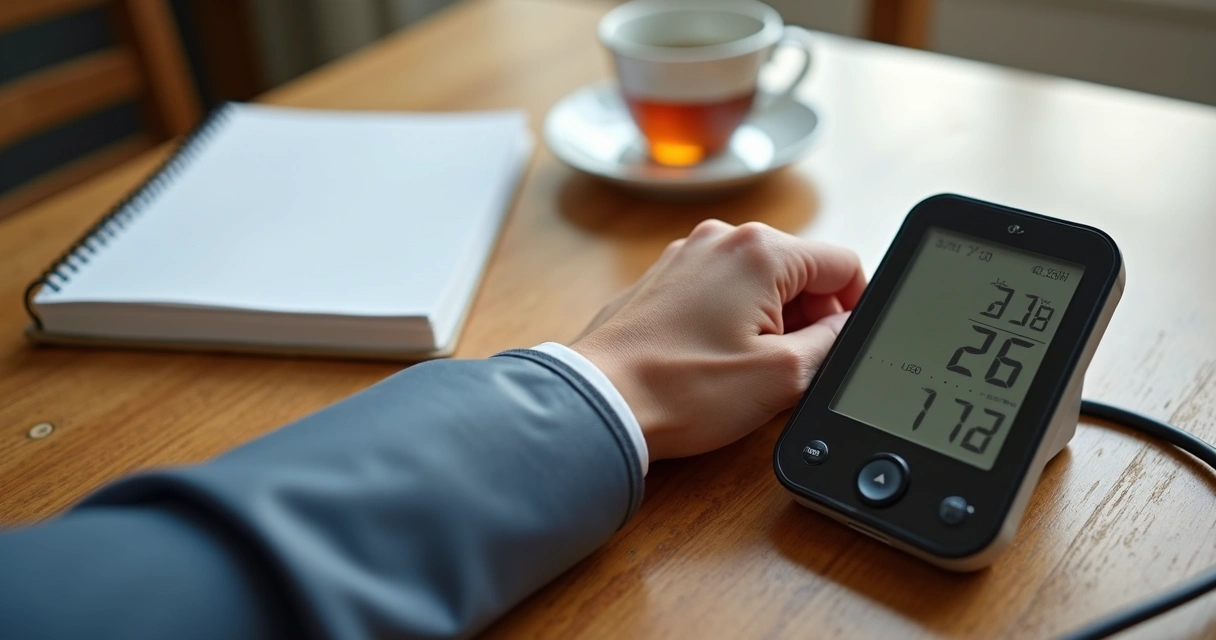 Person checking their blood pressure at home using a digital monitor 