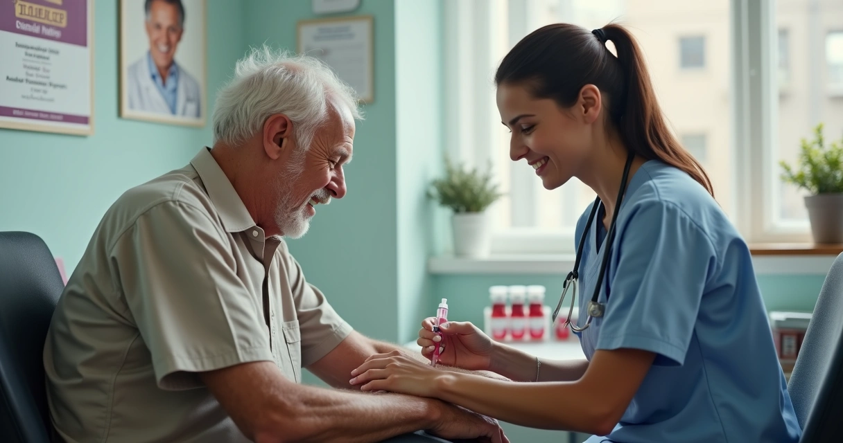 Nurse drawing blood sample from older man’s arm 