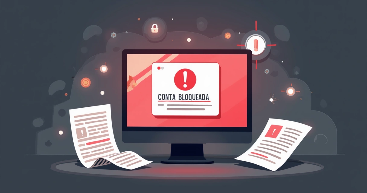 Tela de computador exibindo notificação de bloqueio de conta, com ícones de alerta e fundo em tons escuros 