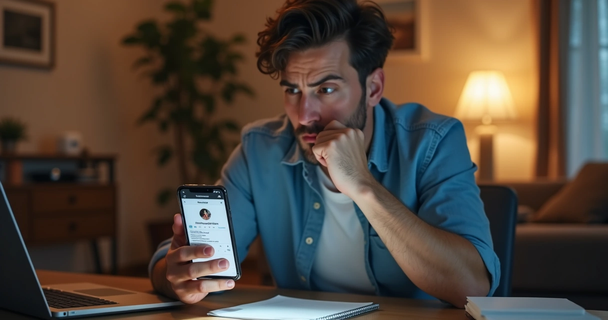 Homem olhando celular frustrado por bloqueio no Instagram 