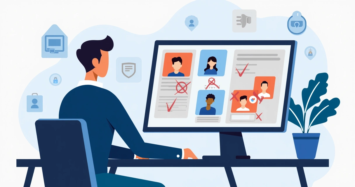Administrador ativando filtros, bloqueando contas suspeitas em uma tela de rede social. 