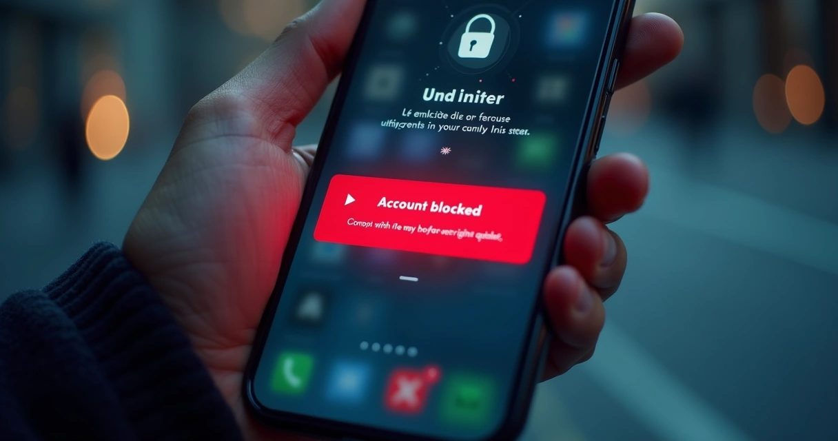 Celular mostrando alerta de conta bancária digital bloqueada com interface de app bancário moderna e fundo escuro 