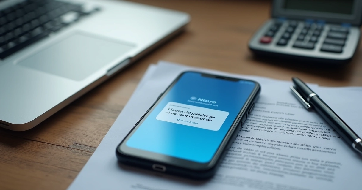 Tela bancária com saldo bloqueado e documentos sobre mesa 