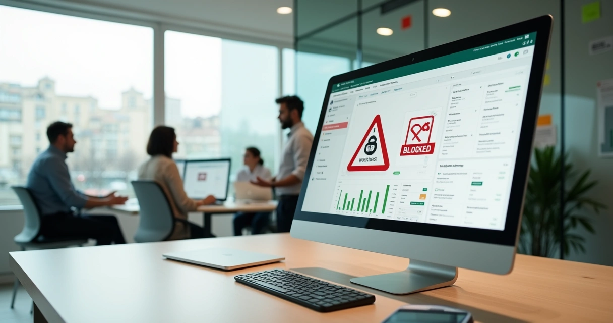 Painel com alerta de conta de WhatsApp bloqueada em ambiente corporativo 