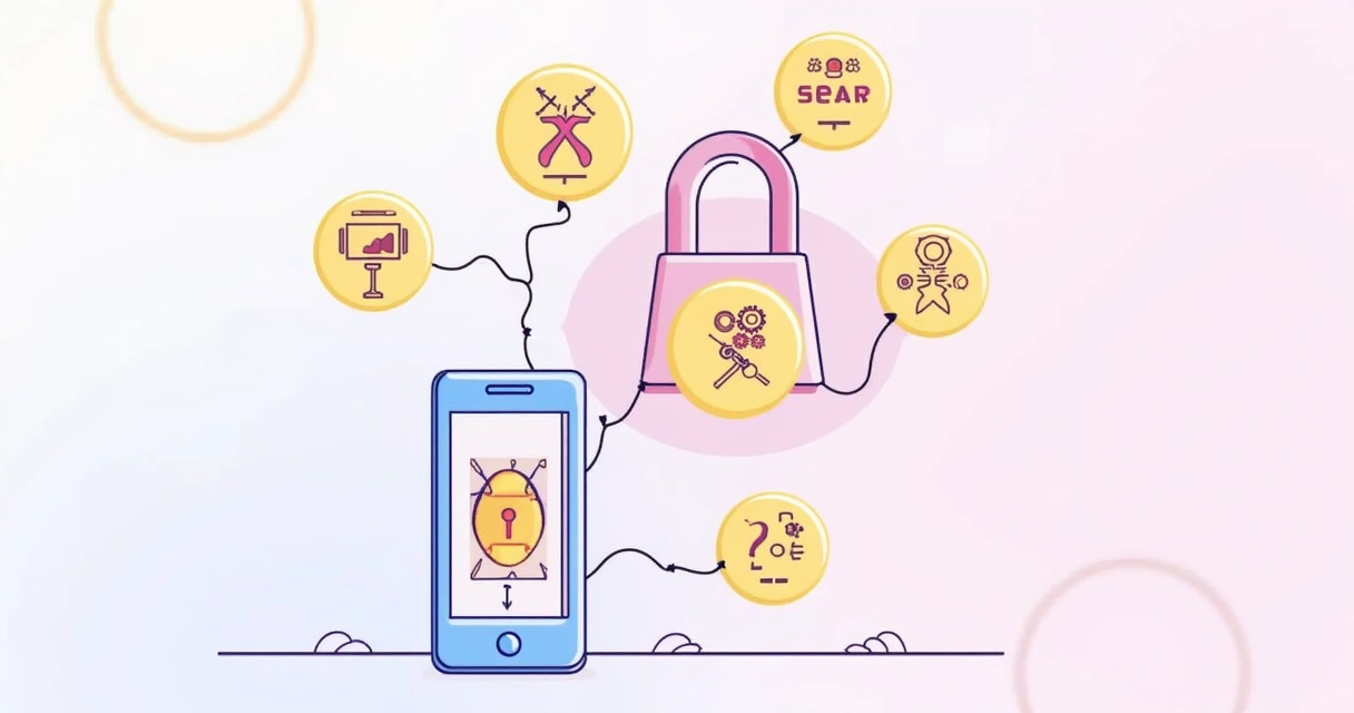 Ilustração de um celular com o Instagram e sinais de alerta sobre bloqueios de conta, em tons pastel.