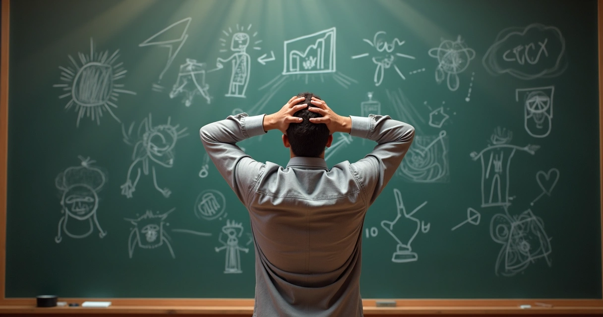 Pessoa parada diante de uma lousa cheia de rabiscos, segurando a cabeça. 