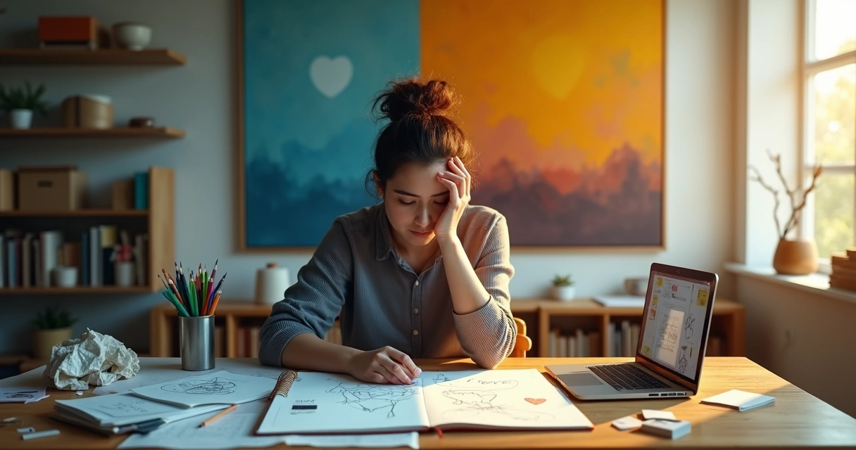 Pessoa diante de mesa de criação com bloqueio emocional e ideias surgindo 