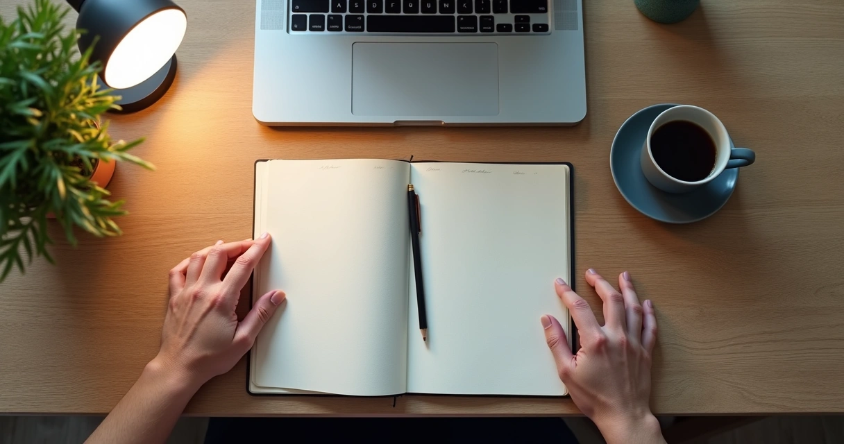 Mesa com caderno, mãos paradas e ambiente de bloqueio criativo 