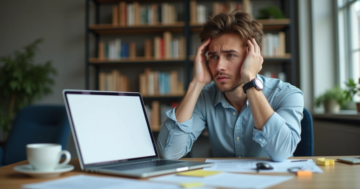 Pessoa olhando para o computador com expressão de dúvida. 