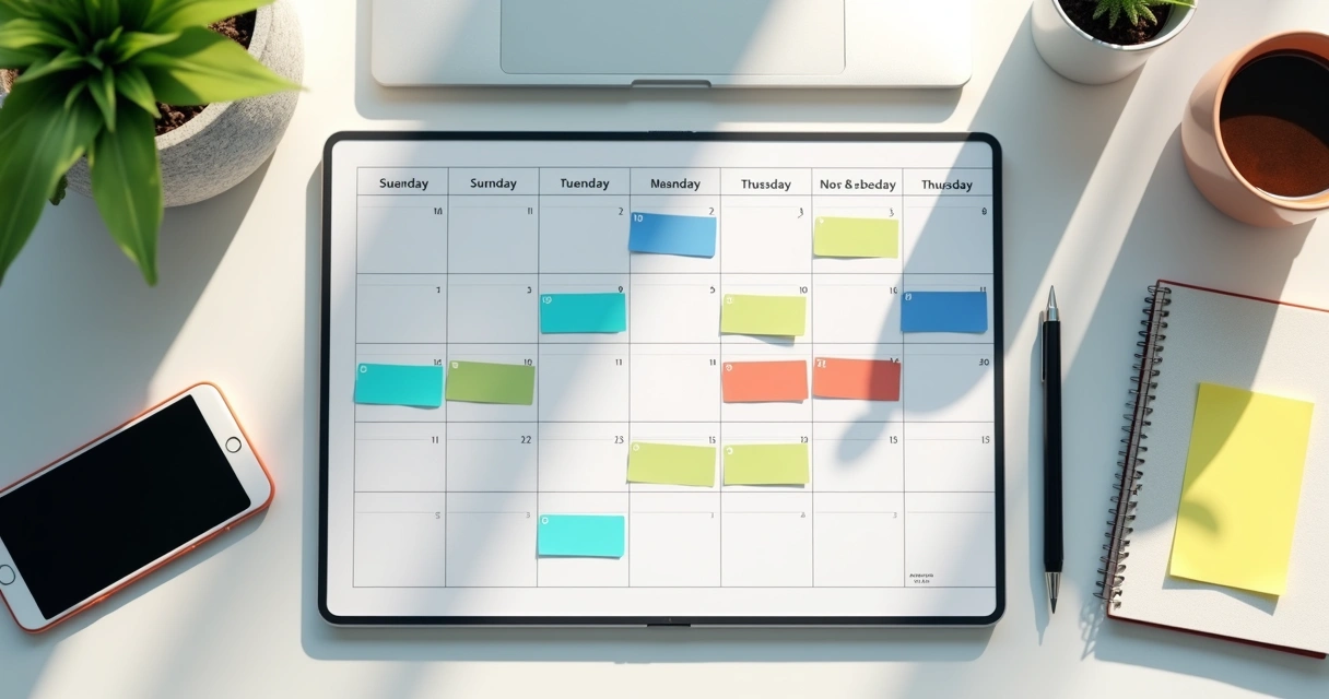 Calendário digital colorido com blocos de tempo distintos