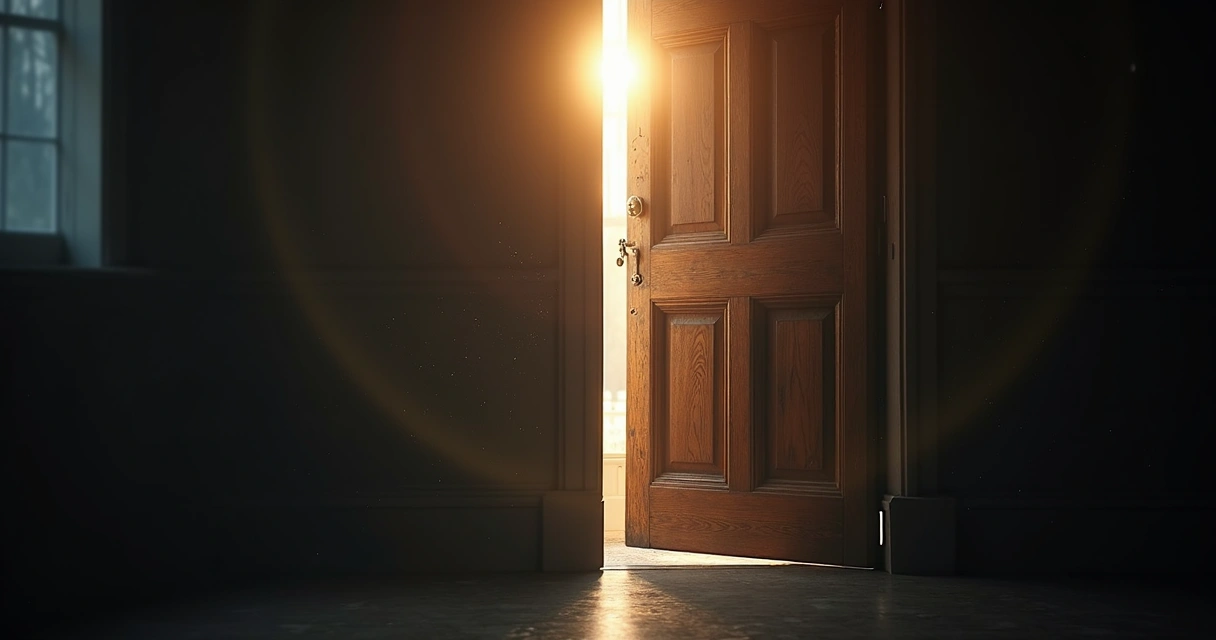 Porta fechada, luz tentando entrar pelas frestas, simbolizando bloqueio emocional