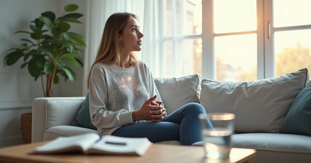 Pessoa sentada refletindo com luz entrando pela janela simbolizando superação de bloqueios emocionais 
