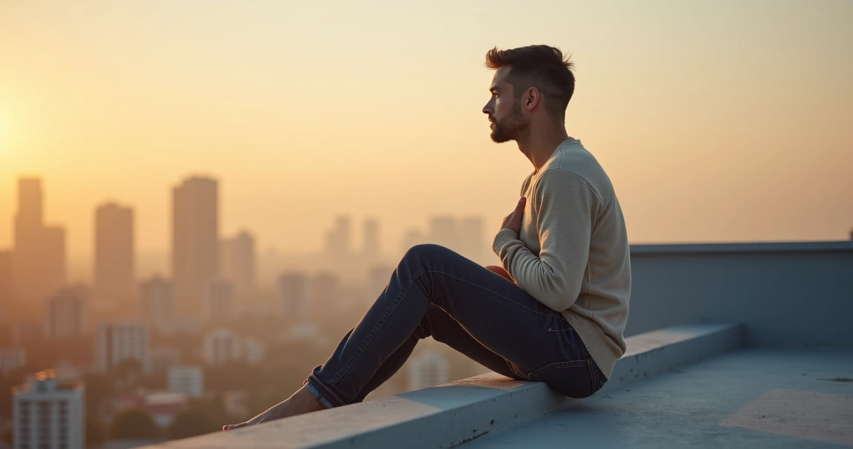 Pessoa com expressão serena tocando o peito e observando a cidade ao amanhecer 