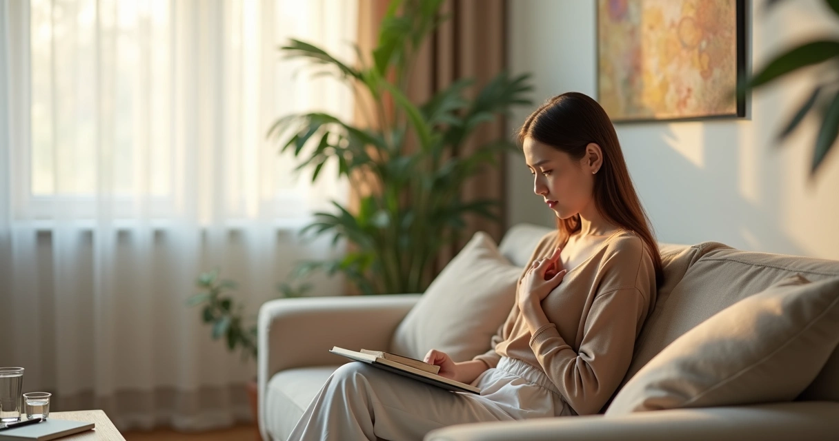 Pessoa sentada no sofá tocando o próprio peito com expressão de alívio e clareza mental 