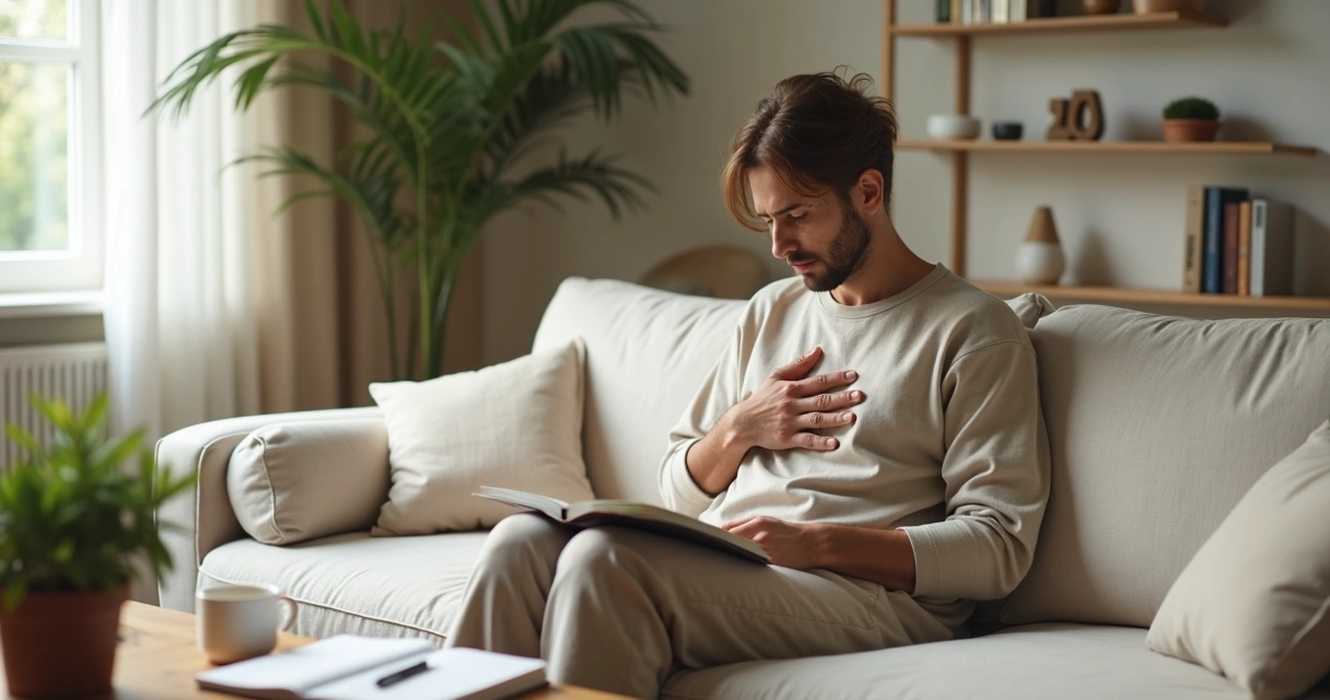 Pessoa refletindo em casa com expressão serena representando superação de bloqueio emocional 