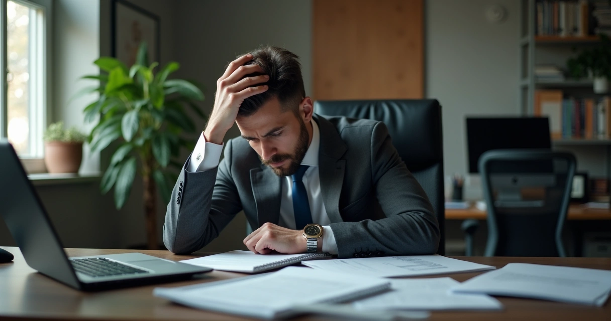 Profissional sentado à mesa, olhando para baixo, expressão pensativa, papéis ao redor, ambiente de escritório