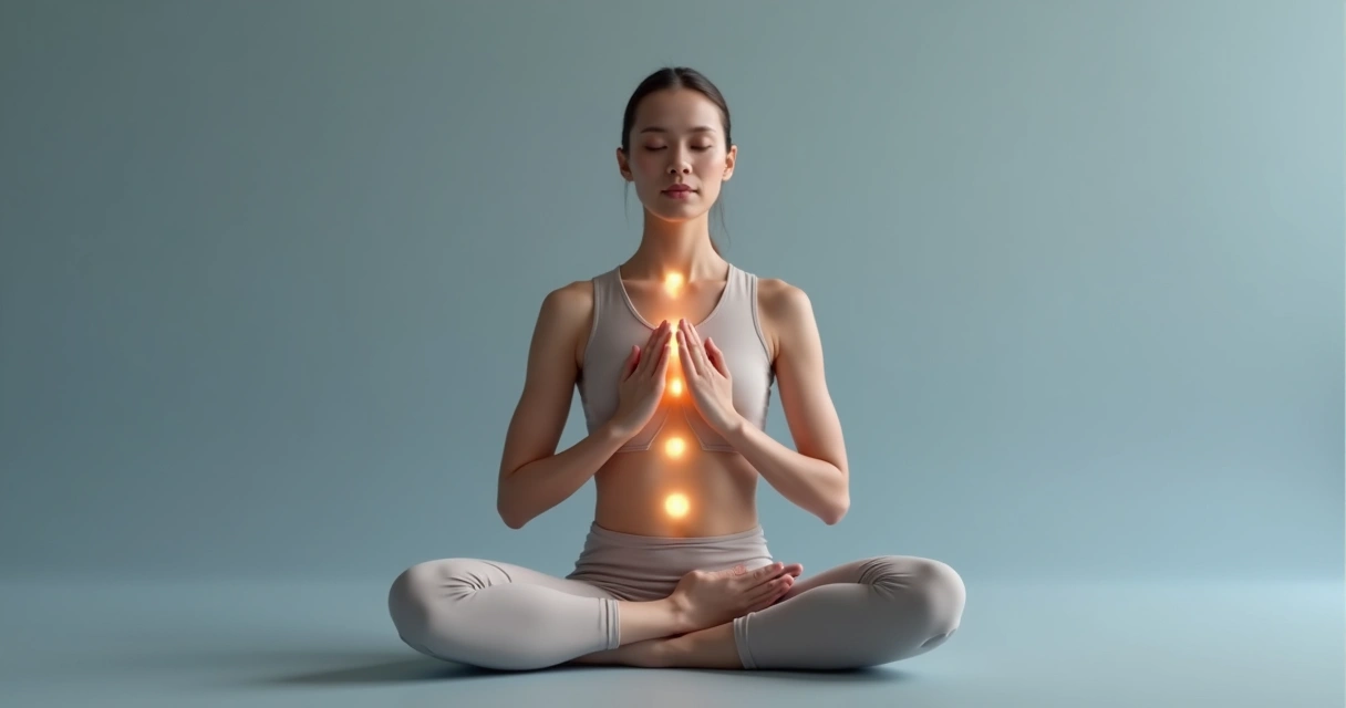 Pessoa sentada em postura meditativa, focada no próprio corpo com pontos de luz nos principais centros energéticos, fundo cinza azulado suave