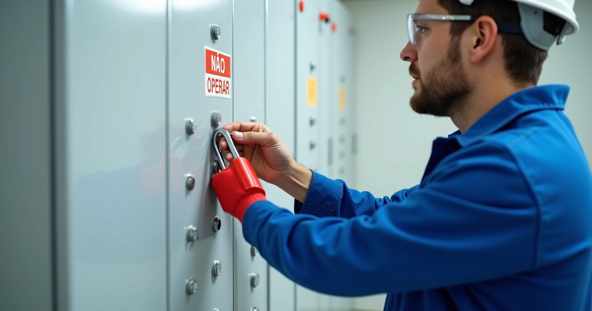 Técnico bloqueando painel elétrico com cadeado LOTO 