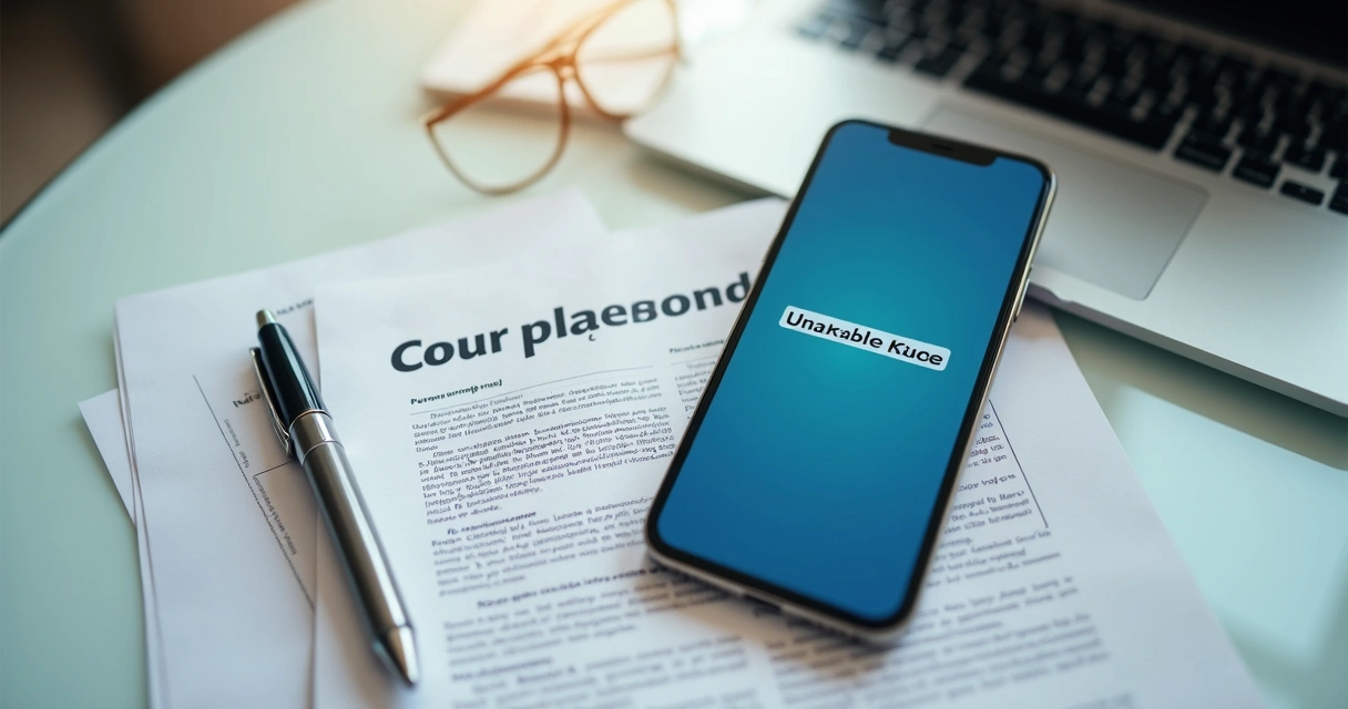 Tela bancária com saldo indisponível e documentos judiciais sobre a mesa