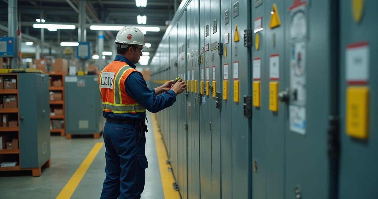 Técnico aplicando sistema LOTO em painel elétrico