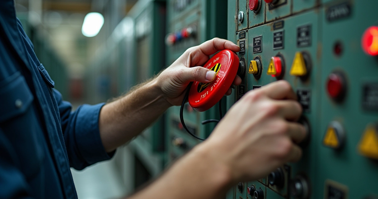 Aplicação de dispositivo de bloqueio LOTO em painel elétrico industrial 