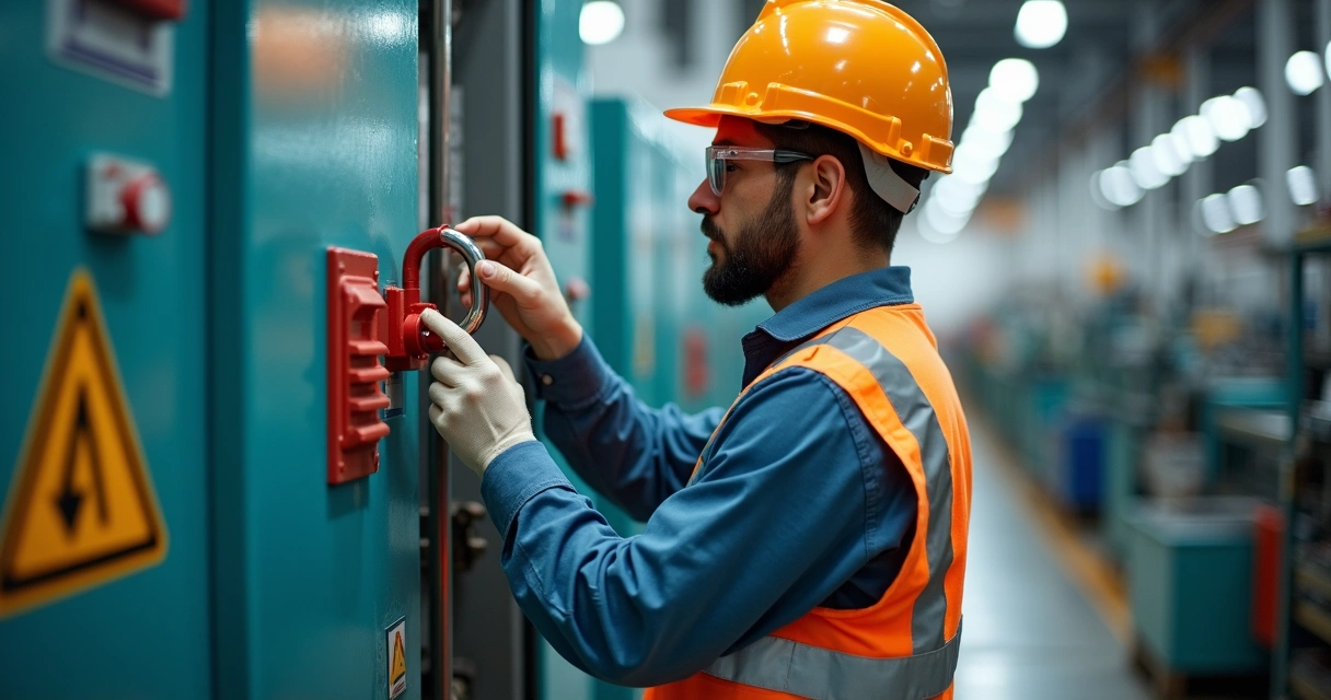 Aplicação de bloqueio LOTO em máquina industrial 