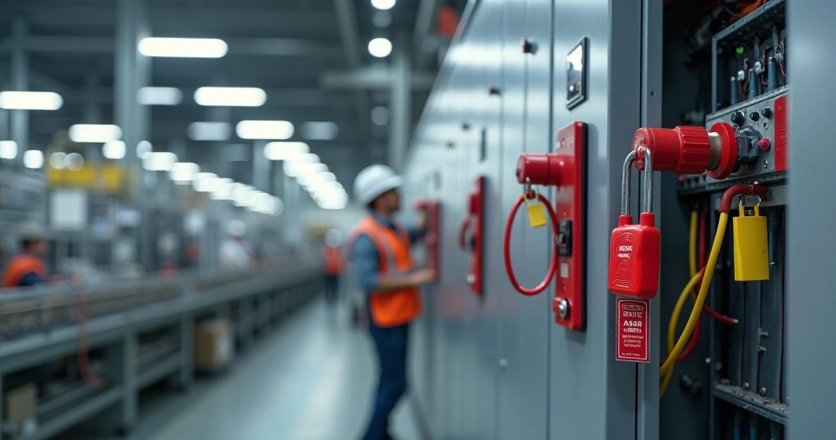 Técnico aplicando dispositivo de bloqueio LOTO em painel industrial 