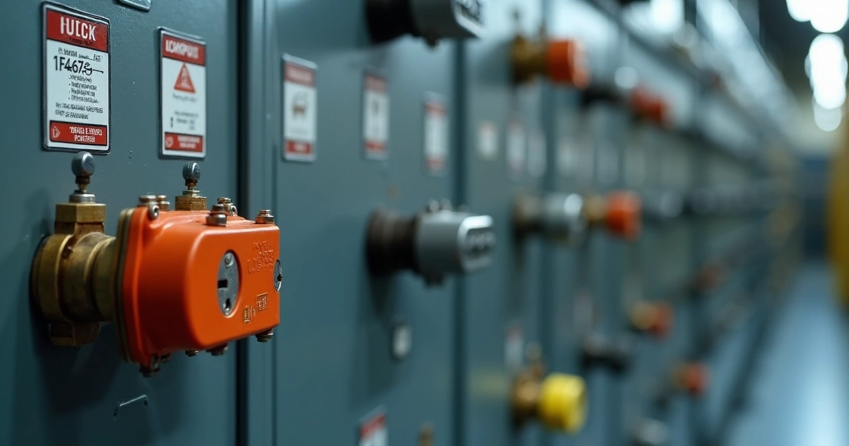 Painel de bloqueios LOTO instalados em equipamentos industriais conforme NR-12 