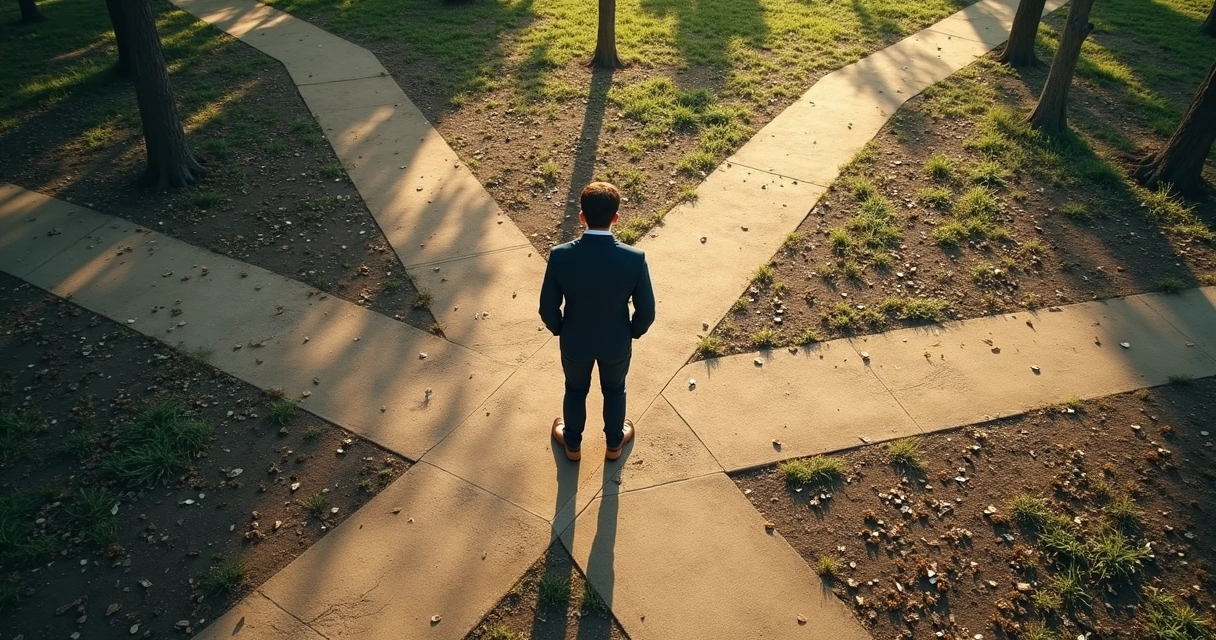 Pessoa parada diante de vários caminhos, indecisa diante de escolhas. 
