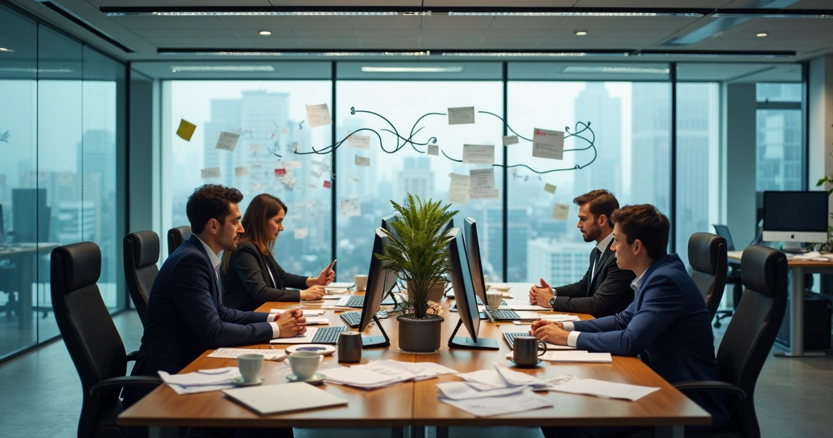 Equipe de vendas confusa com diversos papéis e monitores ambiente moderno 