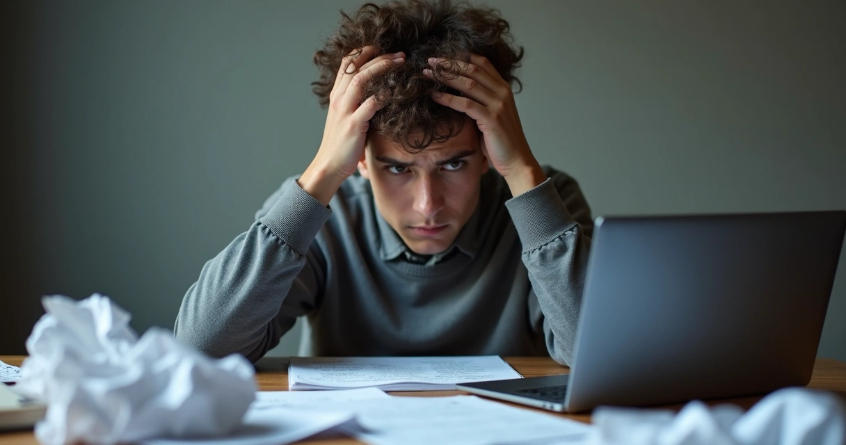 Pessoa pensativa sentada à mesa com papéis espalhados, parecendo bloqueada diante de tarefas 