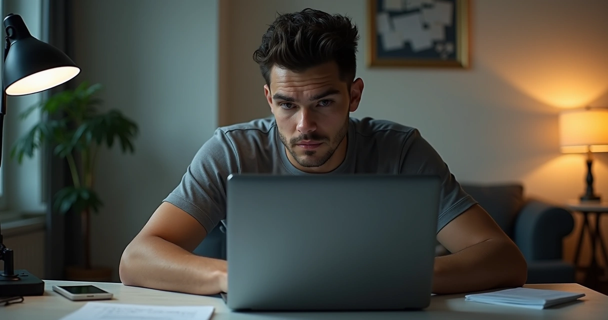 Homem olhando para tela do notebook, pensativo, com papéis e xícara ao lado 