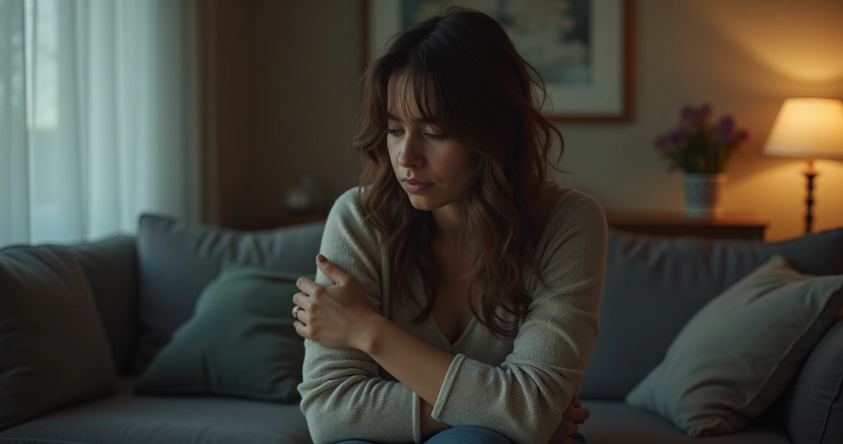 Mulher de braço cruzado olhando para baixo sentada em uma sala de estar