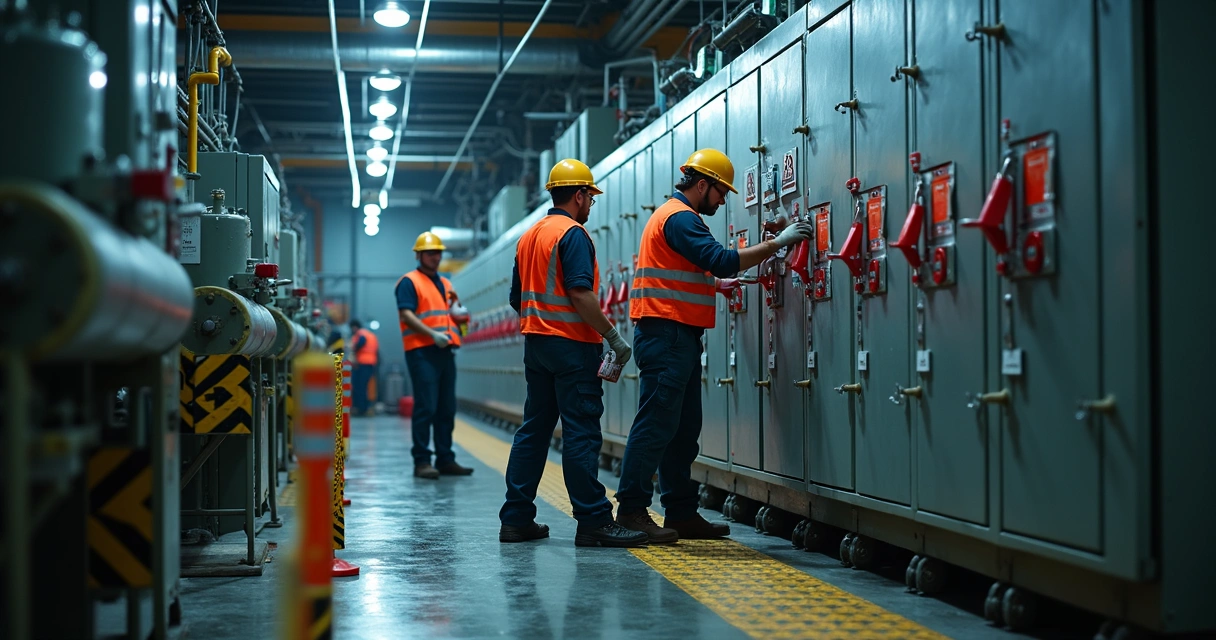 Processo de bloqueio e sinalização em parada industrial 